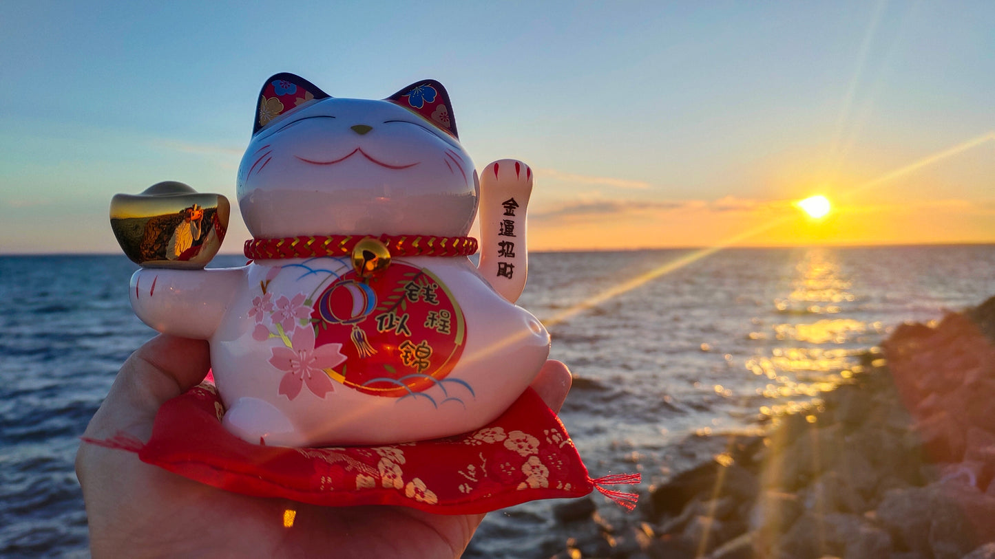 14cm 5.5 inches Ceramic Maneki Neko Lucky Cat auto waving hand with battery call fortune and good luck